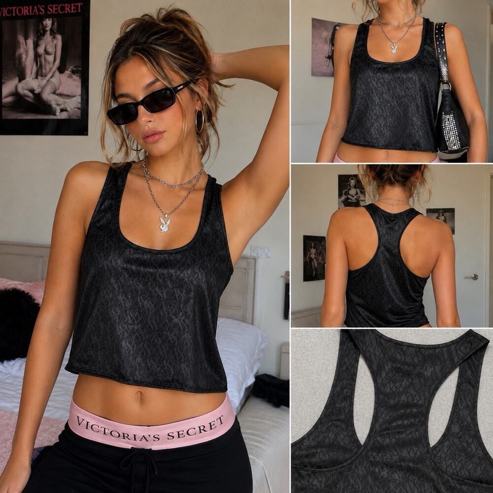 Victoria’s Secret Womens Black VS Logo Print Pajama Tank Top L Y2k Vibe Whimsy